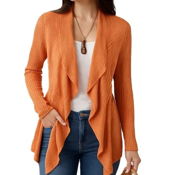 Calvin Klein Womens L Orange Long Sleeve Cardigan Silk Blend Lightweight  Sweater - Main Image